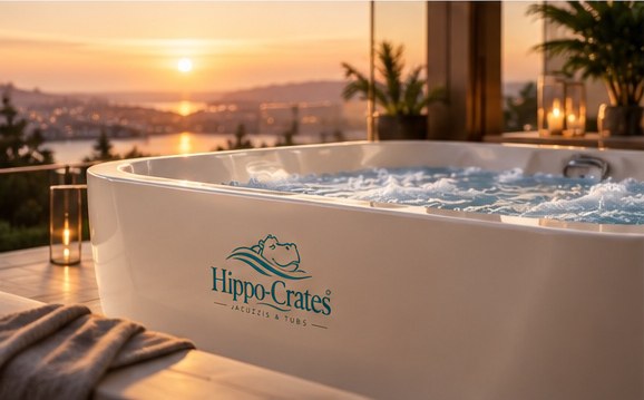 Hippo-Crates jacuzzi on a terrace at sunset